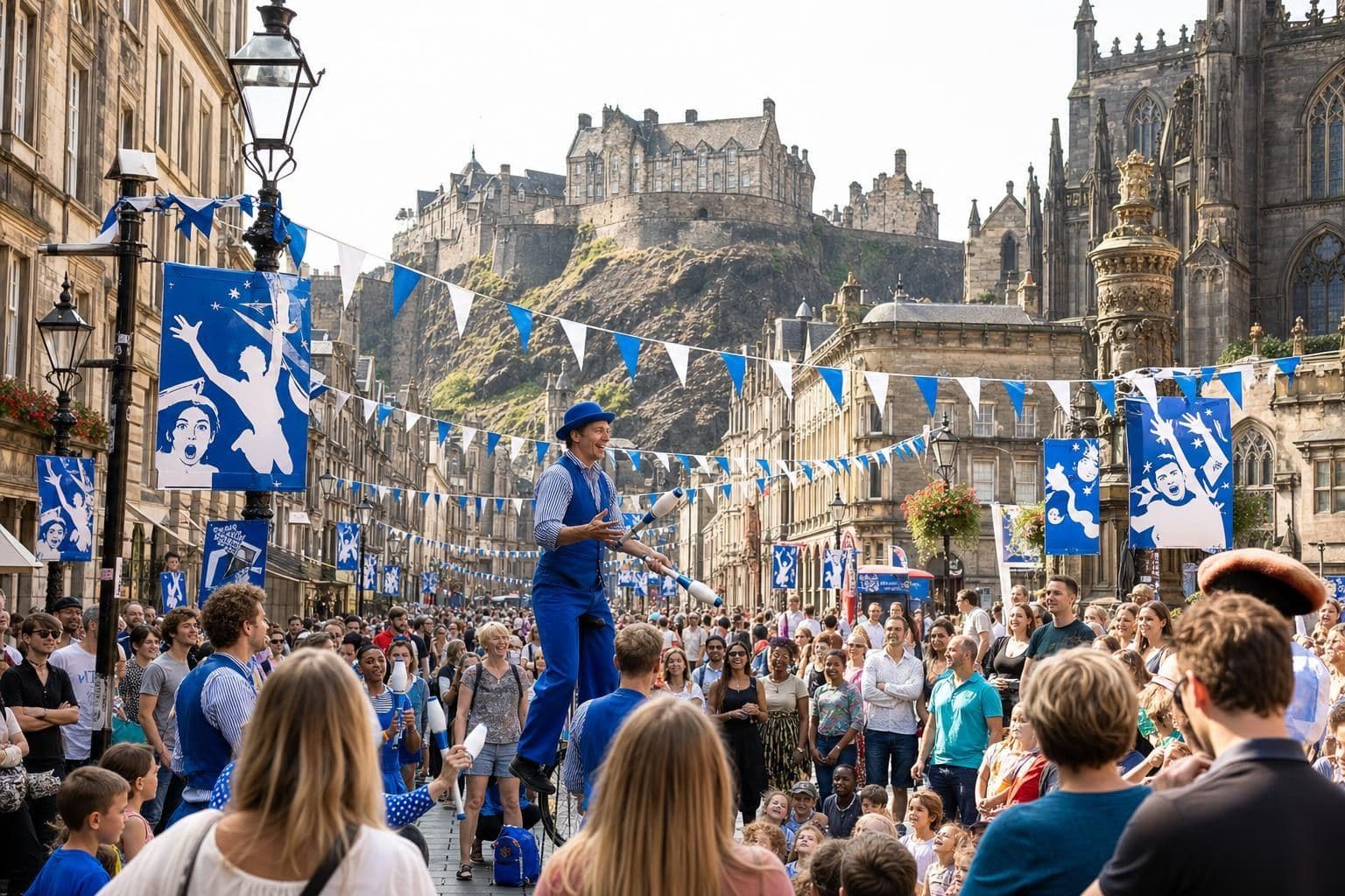 Hero image for a first-timer's guide to the Edinburgh Festival Fringe. Edinburgh's historic Royal Mile / Old Town in warm late-summer August light, festival energy with crowds and performers, colourful posters and bunting, Edinburgh Castle or characteristic Old Town skyline in the background. Photorealistic, vibrant, welcoming. No text overlays.