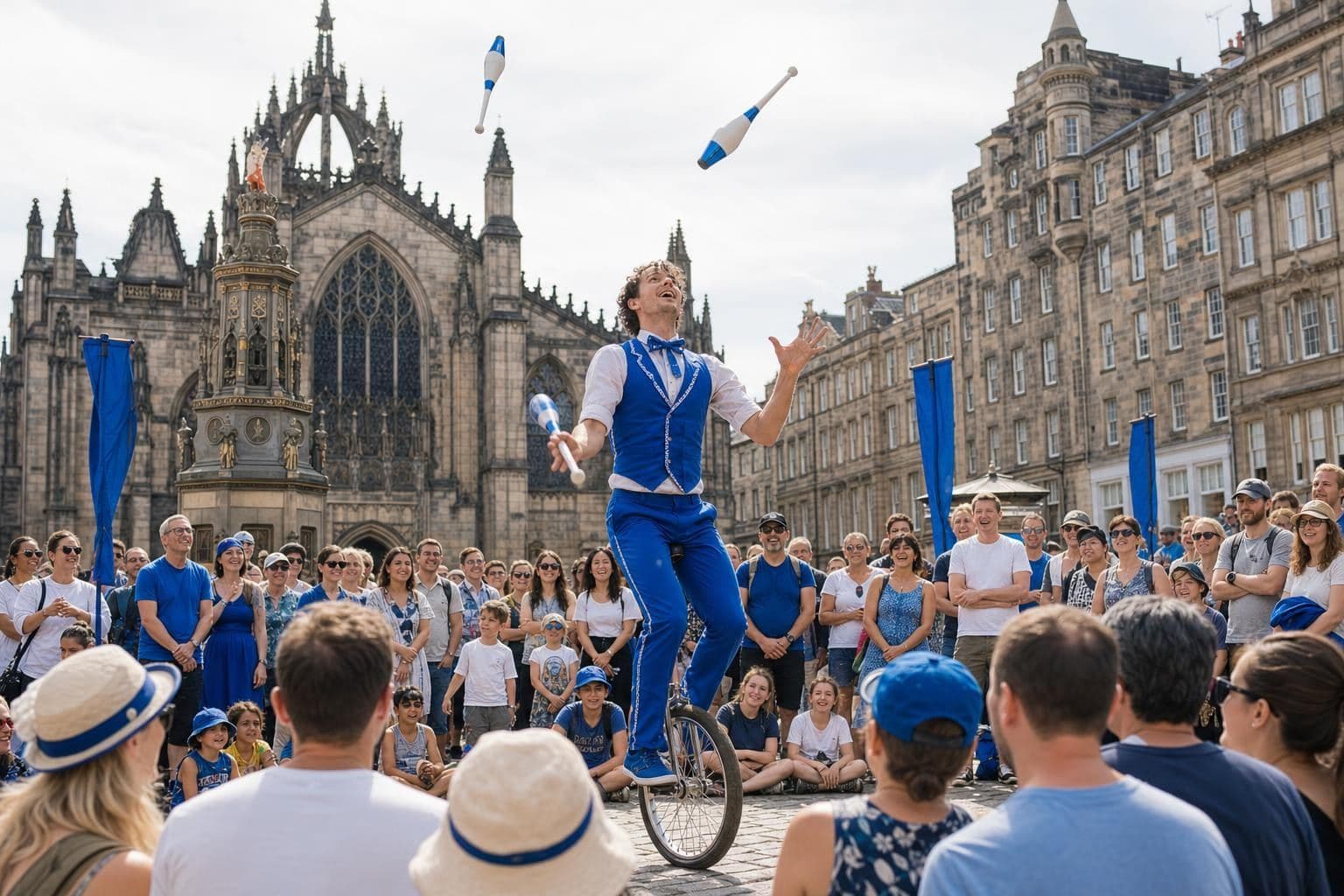 A lively Edinburgh Fringe street performance scene on the Royal Mile: a street performer (juggler or acrobat) entertaining a circle of onlookers, with the historic stone buildings of the Old Town and St Giles' Cathedral / Mercat Cross in the background. Warm summer festival atmosphere, daytime, vibrant but tasteful. Brand primary blue #005eb8 accents welcome.